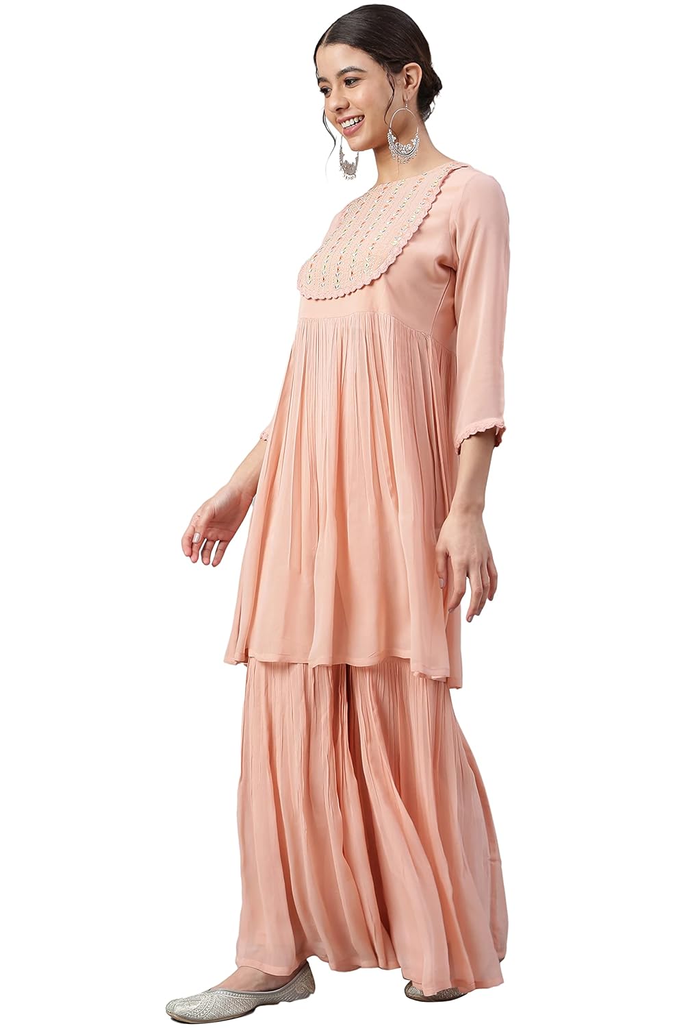 Janasya Women's Peach Georgette Thread Work Kurta with Sharara
