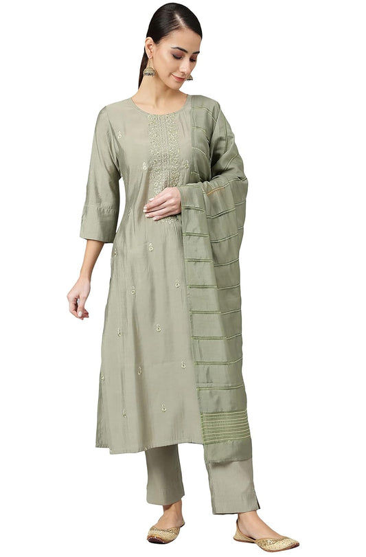 Janasya Women's Sage Green Viscose Blend Embroidered Kurta with Pant and Dupatta
