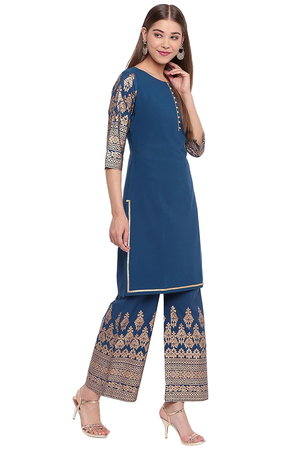 Janasya Women's Teal Poly Crepe Kurti with Palazzo