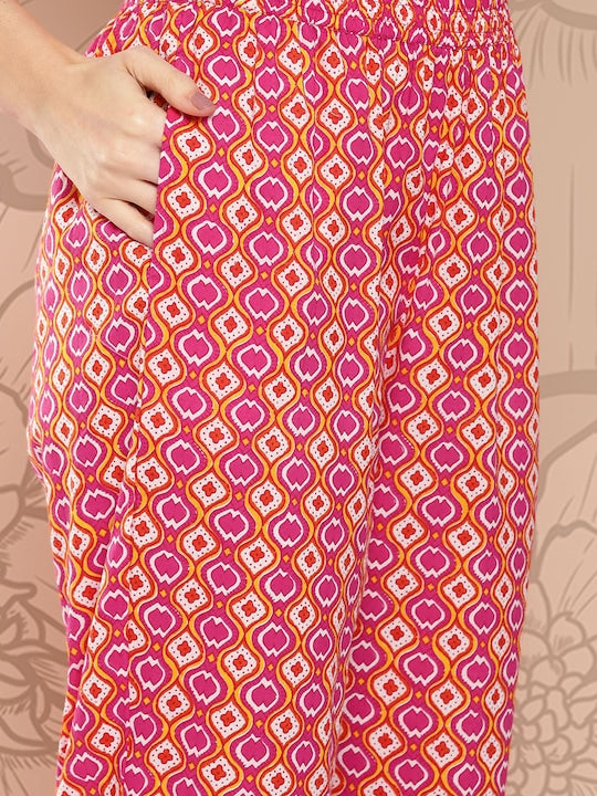 Yufta Women Pink Printed Regular Sequinned Pure Cotton Kurta with Trousers & Dupatta