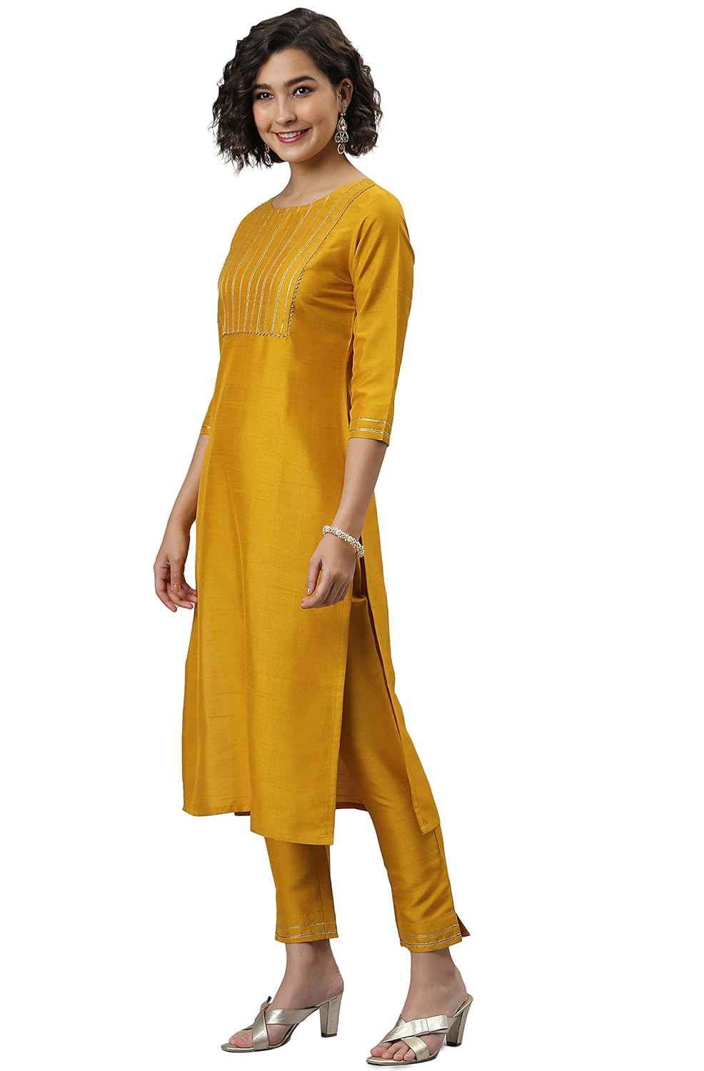 Janasya Women's Mustard Poly Silk Solid Kurta with Pant