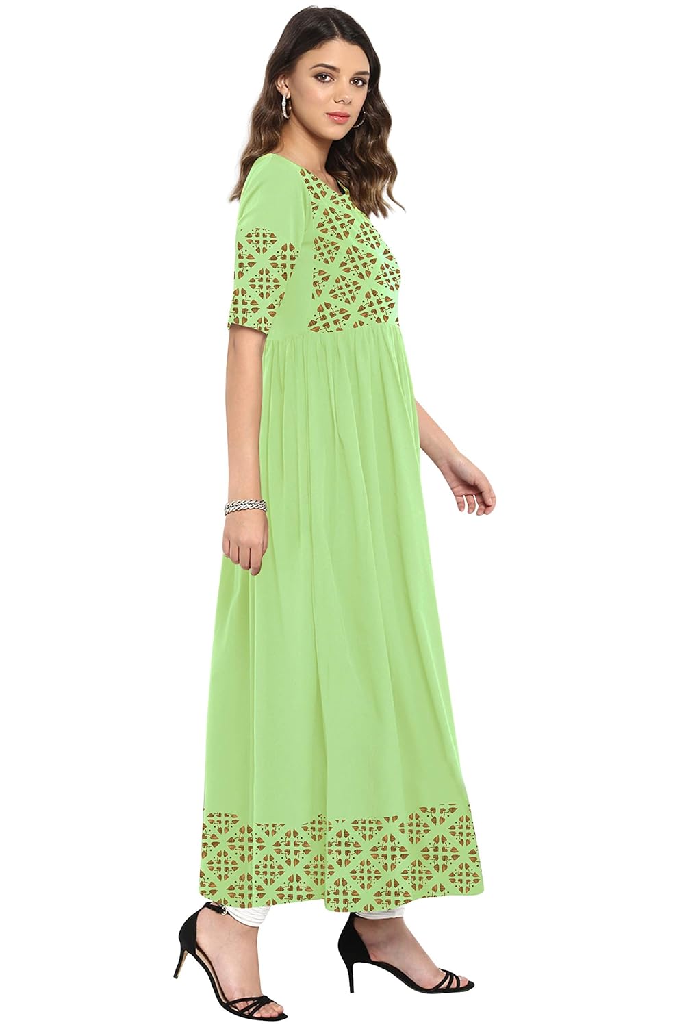 Janasya Women's Poly Crepe Gold Print Flared Kurta Light Green