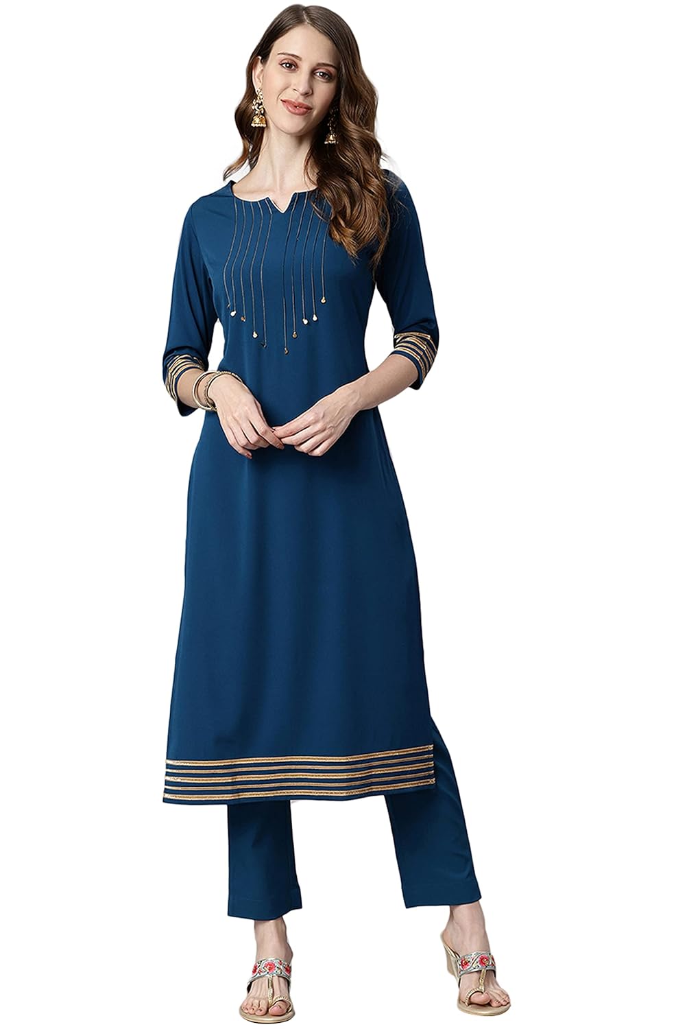 Janasya Women's Teal Poly Crepe Kurta with Pant