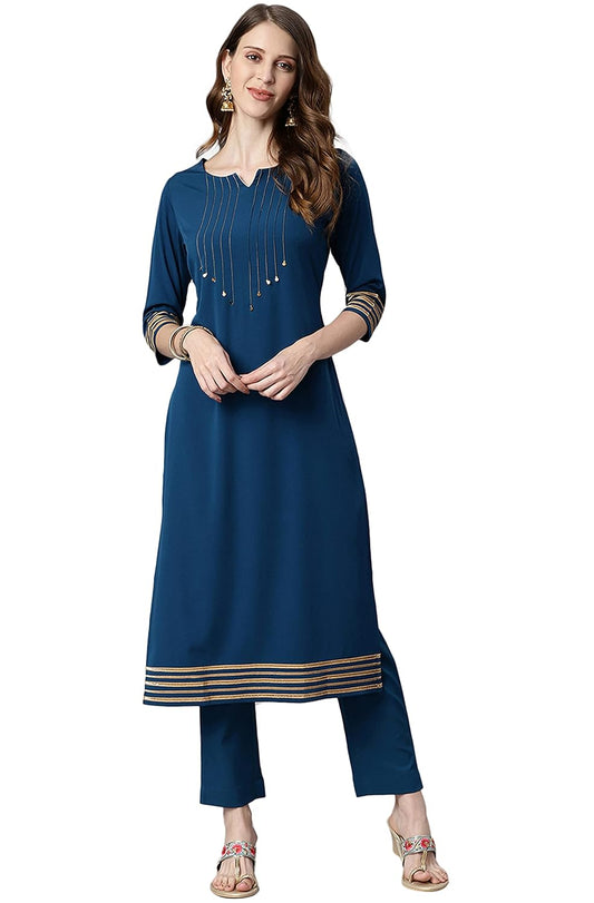 Janasya Women's Teal Poly Crepe Kurta with Pant