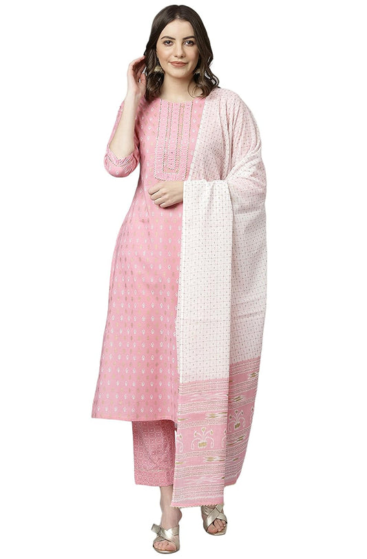 Janasya Women's Light Pink Cotton Kurta with Pant and Dupatta