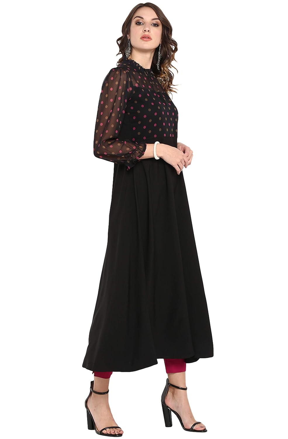 Janasya Women's Black Poly Crepe Polka Print A-line Kurta