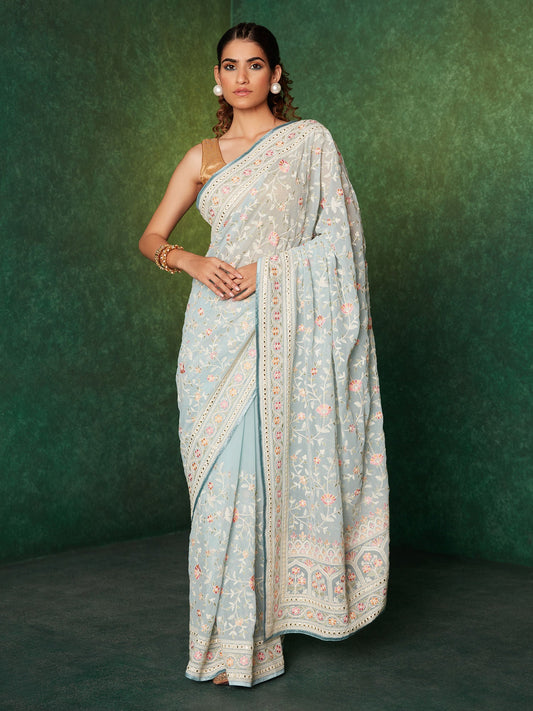 Likha Blue Georgette Embroidered & Sequined Saree & Unstitched Blouse LIKSAR20 (One Size)
