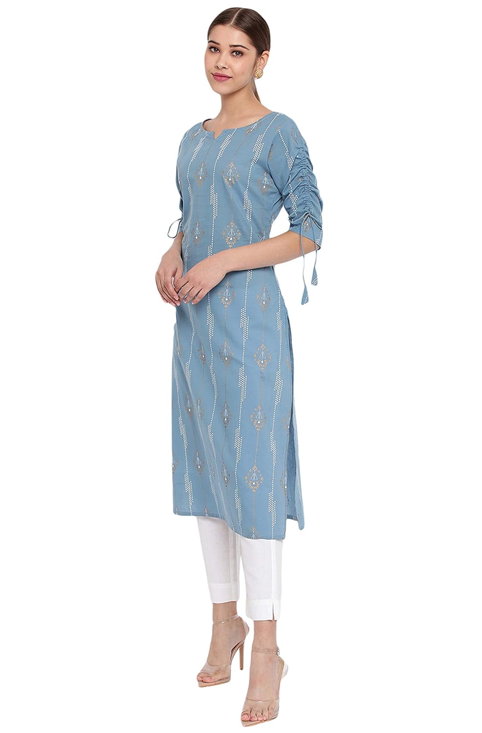 Janasya Women's Blue Cotton Ethnic Motifs Straight Kurta Blue
