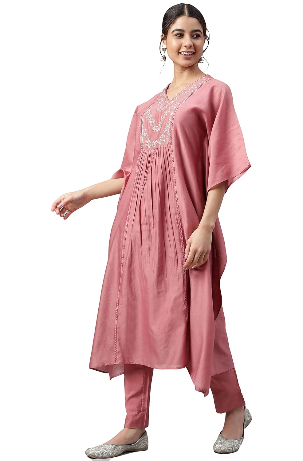Janasya Women's Pink Polyester Yoke Embroidered Kurta with Pant