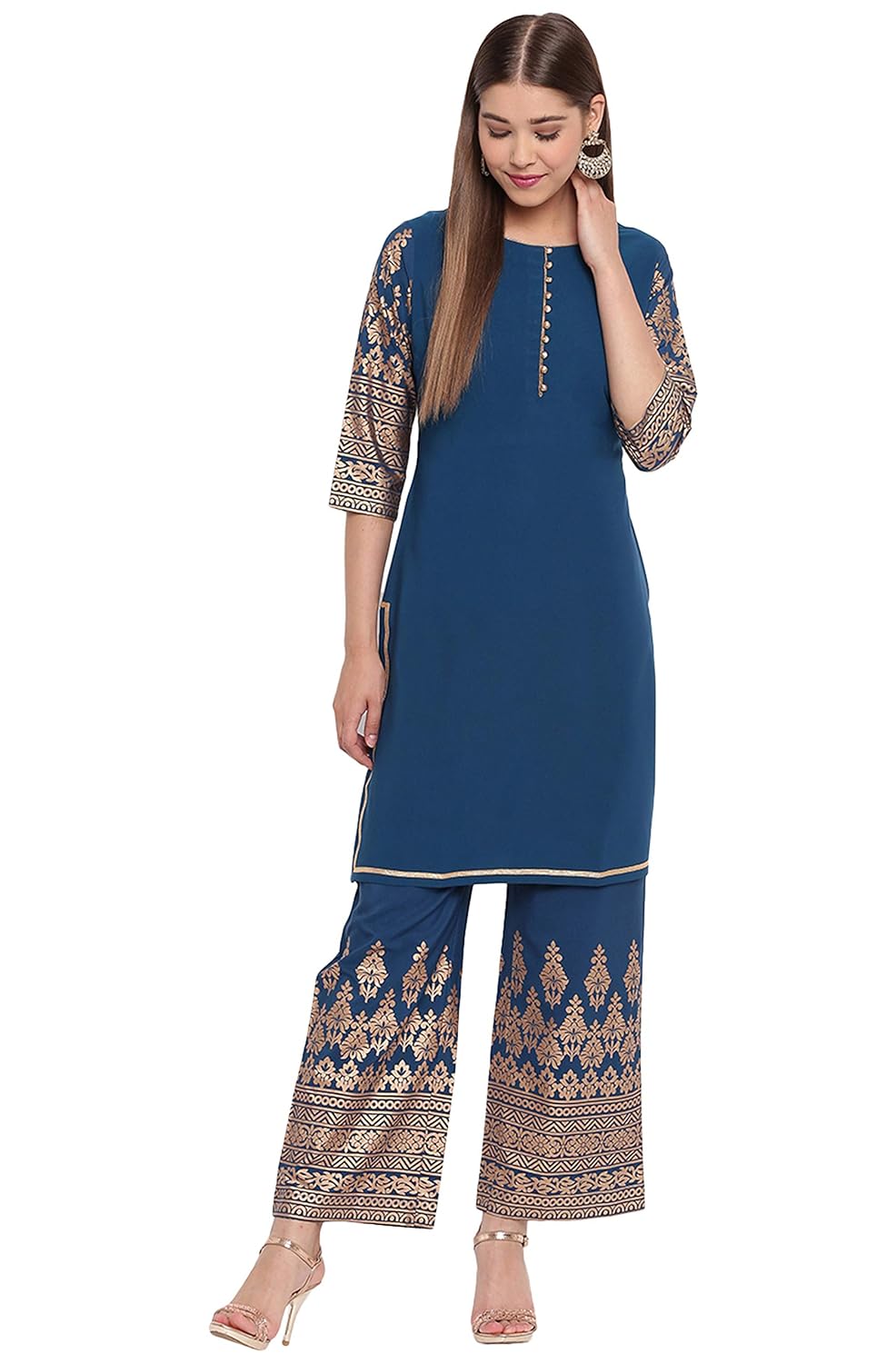 Janasya Women's Teal Poly Crepe Kurti with Palazzo