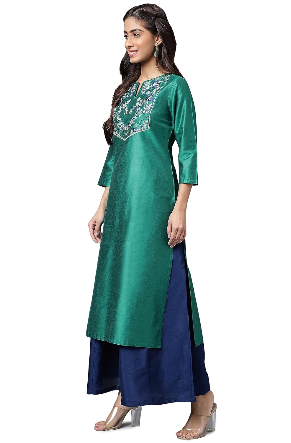 Janasya Women's Peacock Green Poly Silk Yoke Embroidered Straight Kurta