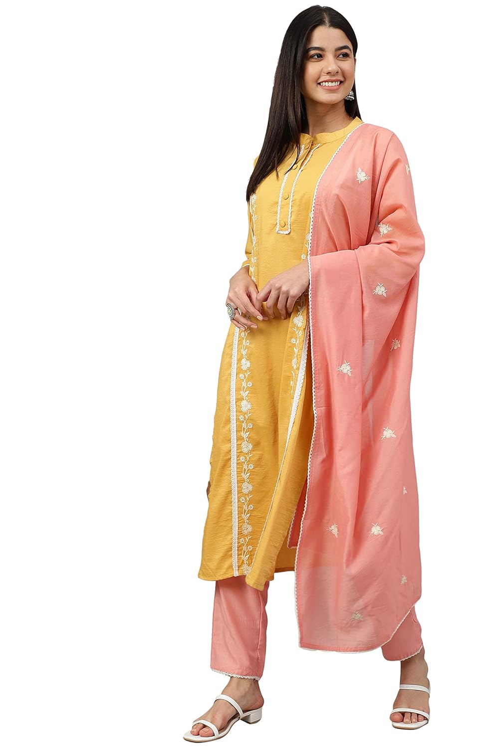 Janasya Women's Mustard Poly Silk Floral Embroidery Kurta with Pant and Dupatta