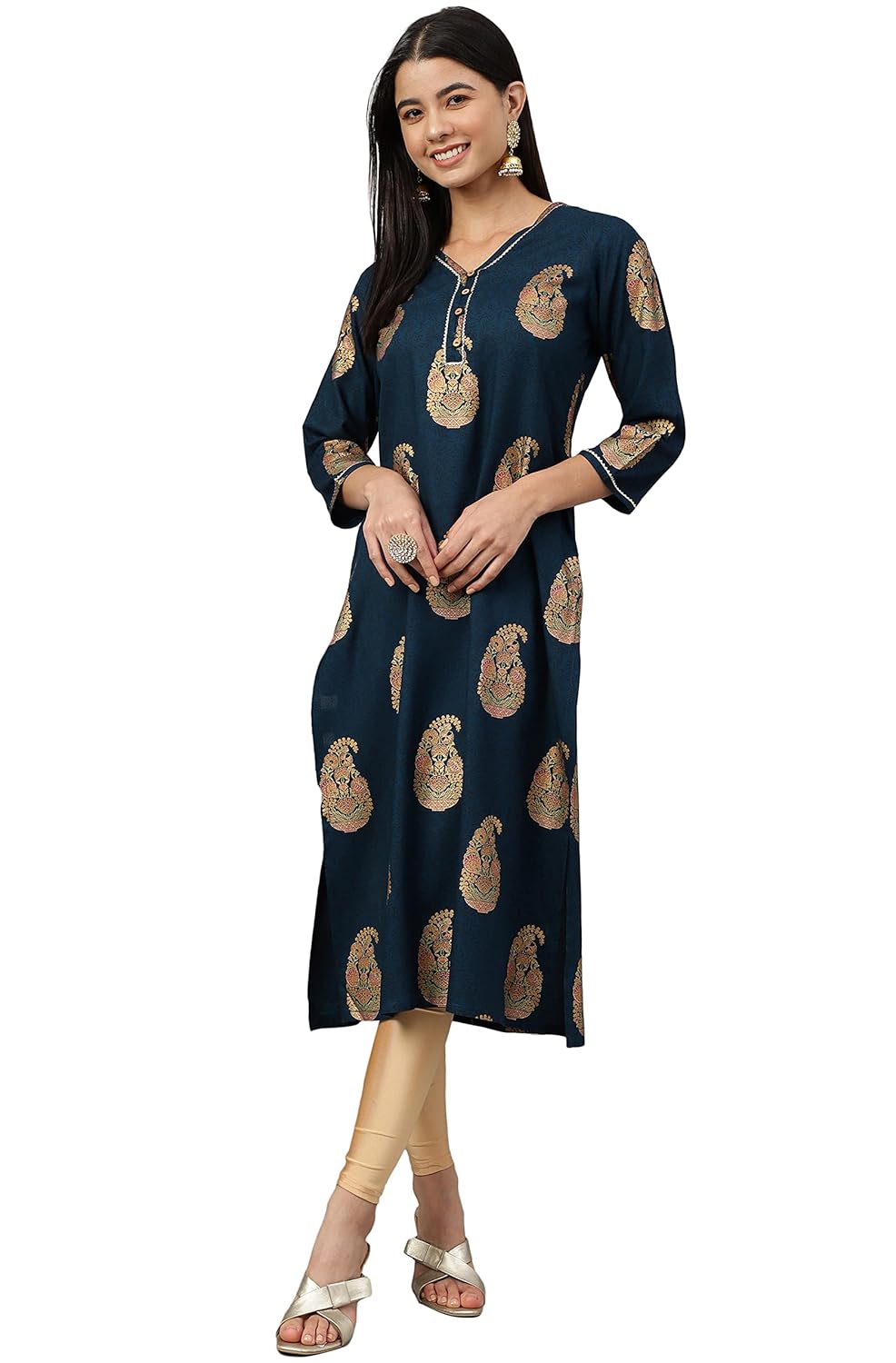 Janasya Women's Teal Blue Rayon Paisley Foil Print Straight Kurta