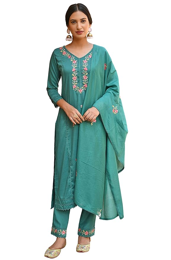 Janasya Women's Green Poly Silk Floral Embroidered Kurta with Pant and Dupatta