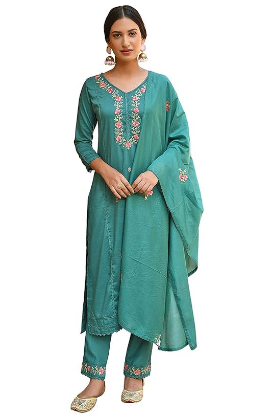 Janasya Women's Green Poly Silk Floral Embroidered Kurta with Pant and Dupatta