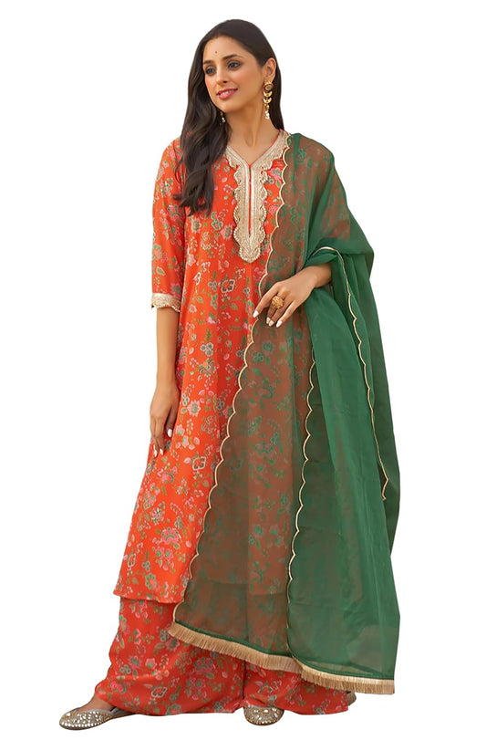 Janasya Women's Orange Georgette Botanical Printed Kurta with Palazzo and Dupatta