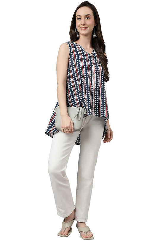 Janasya Women's Navy Blue Cotton Geometric Print High Low Top