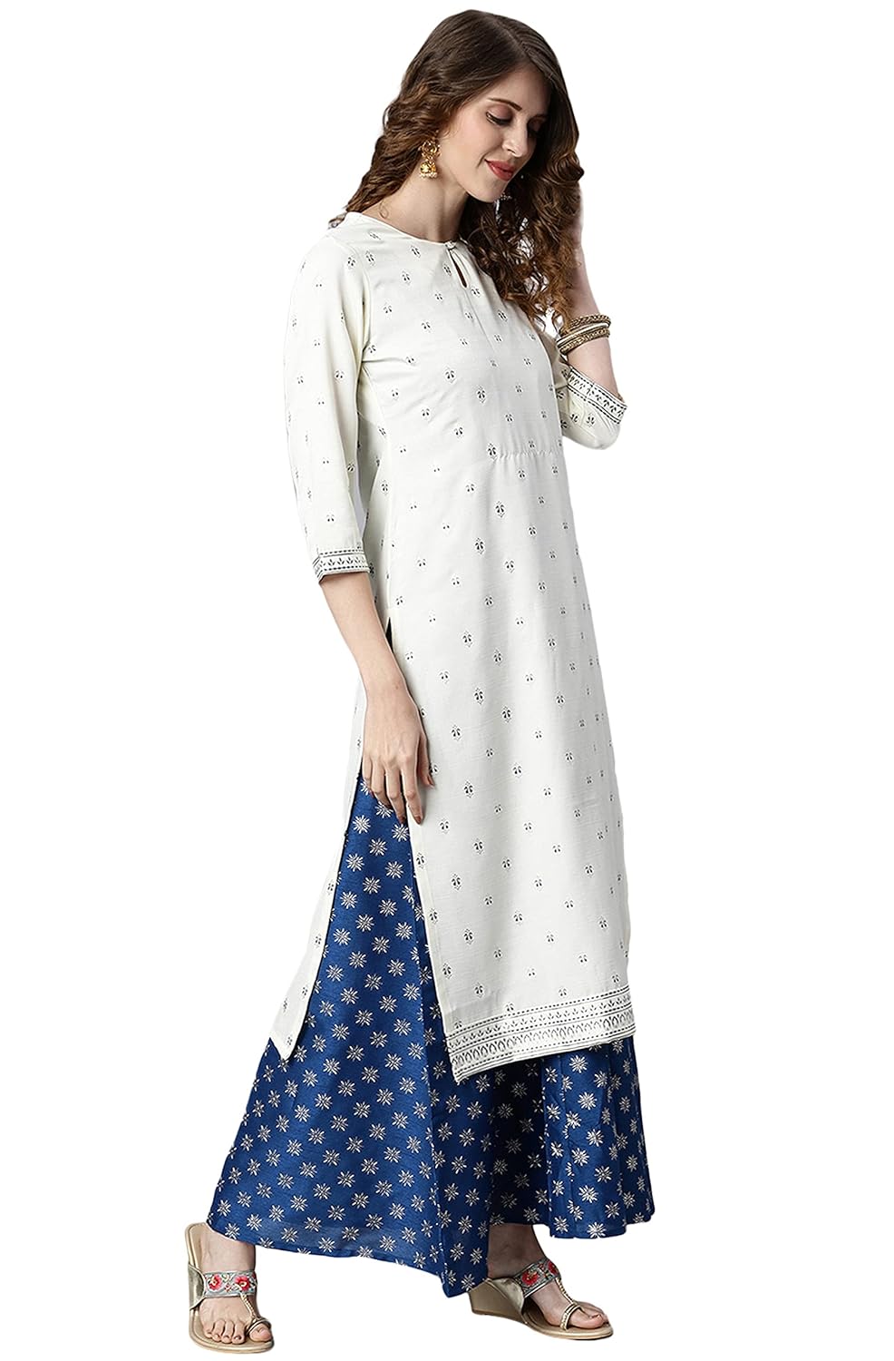 Janasya Women's Off White Poly Silk Ethnic Dress