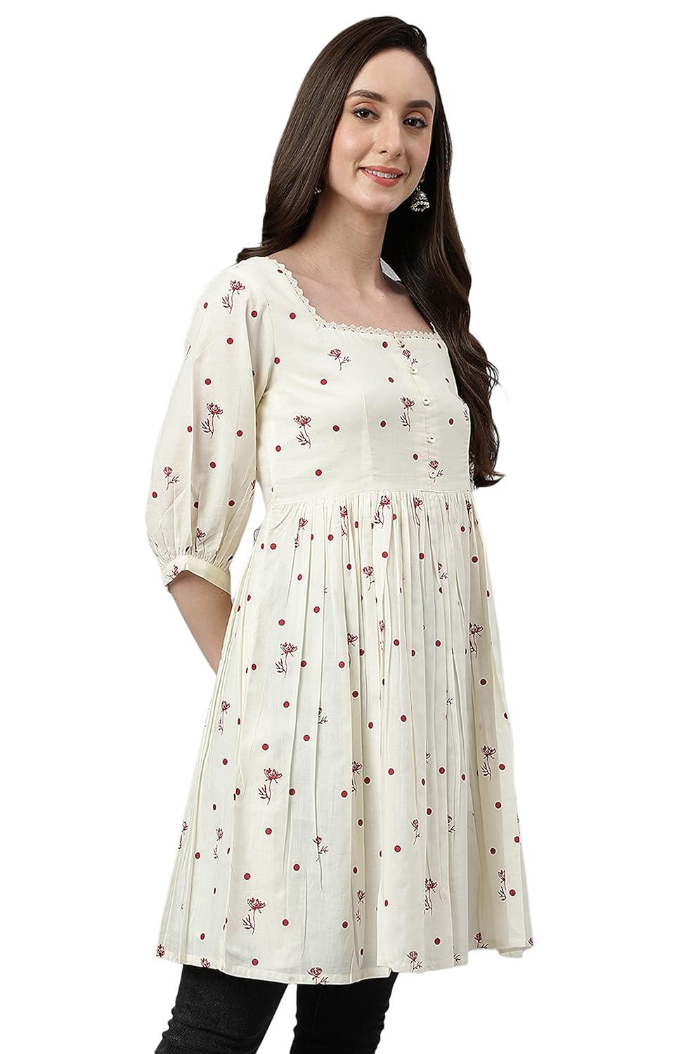 Janasya Women's Off White Cambric Cotton Botanical Print Flared Tunic