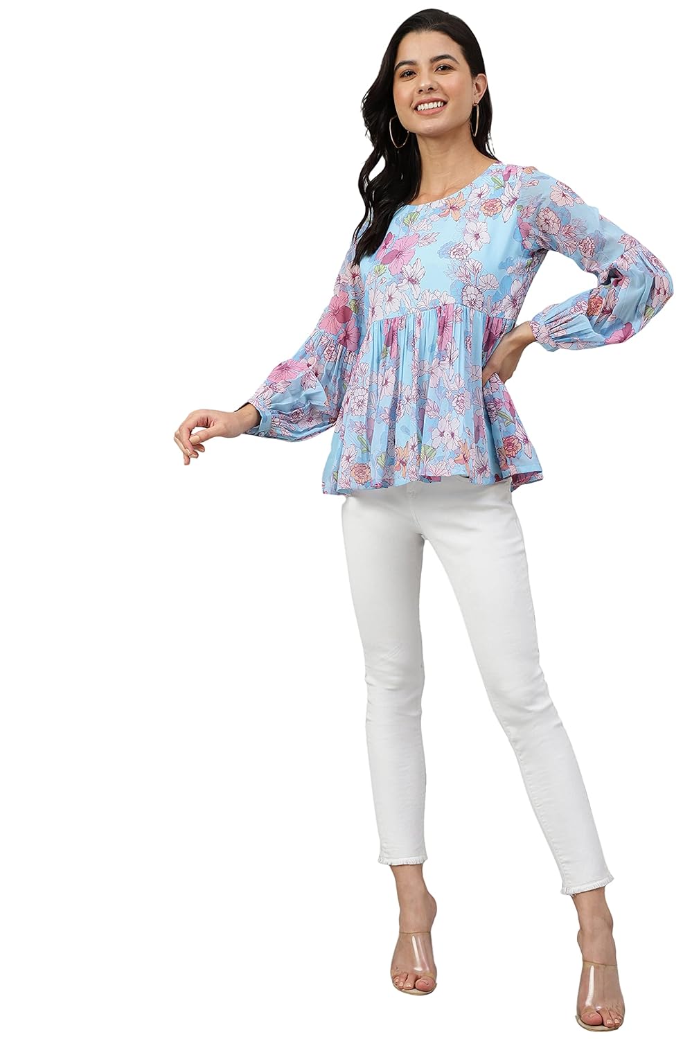 Janasya Women's Sky Blue Georgette Floral Print Flared Top