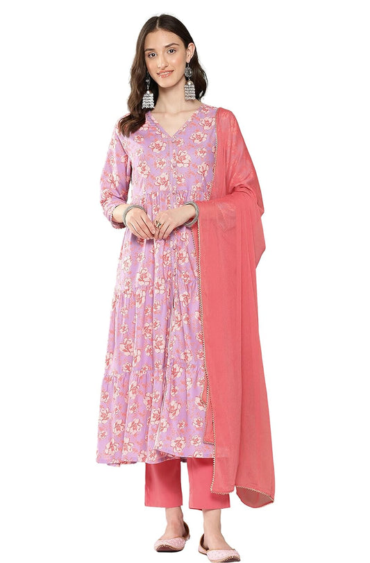 Janasya Women's Lavender Moss Digital Floral Printed Kurta with Pant and Dupatta