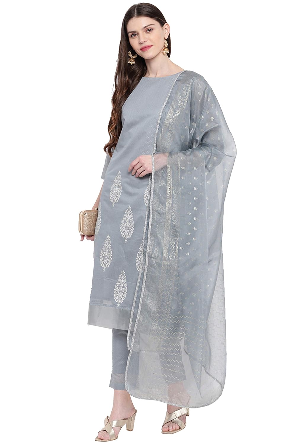 Janasya Women's Grey Poly Chanderi Kurta With Pant and Dupatta