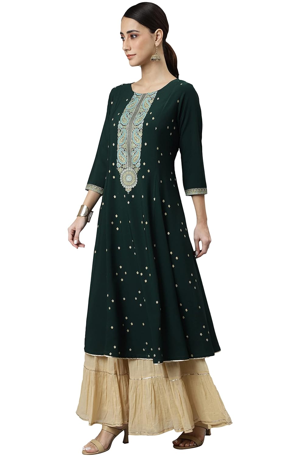 Janasya Women's Green Crepe Foil Print Straight Kurta