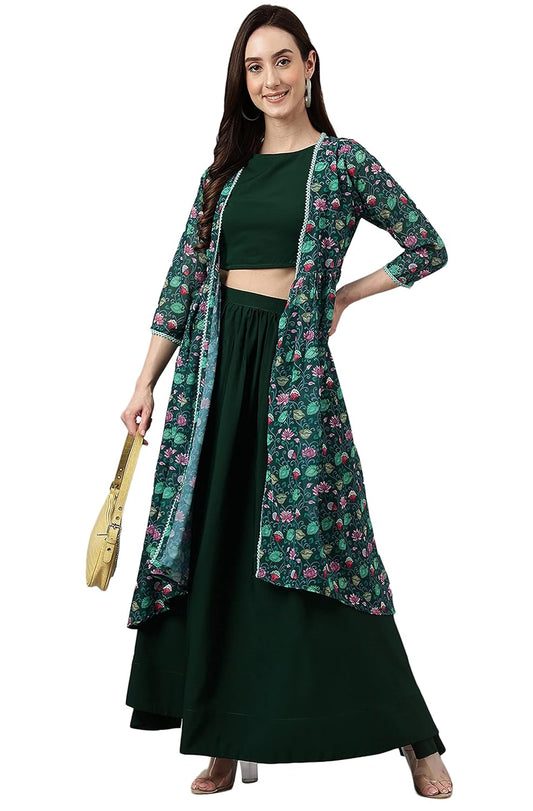 Janasya Women's Green Crepe Solid Crop Top with Skirt and Jacket