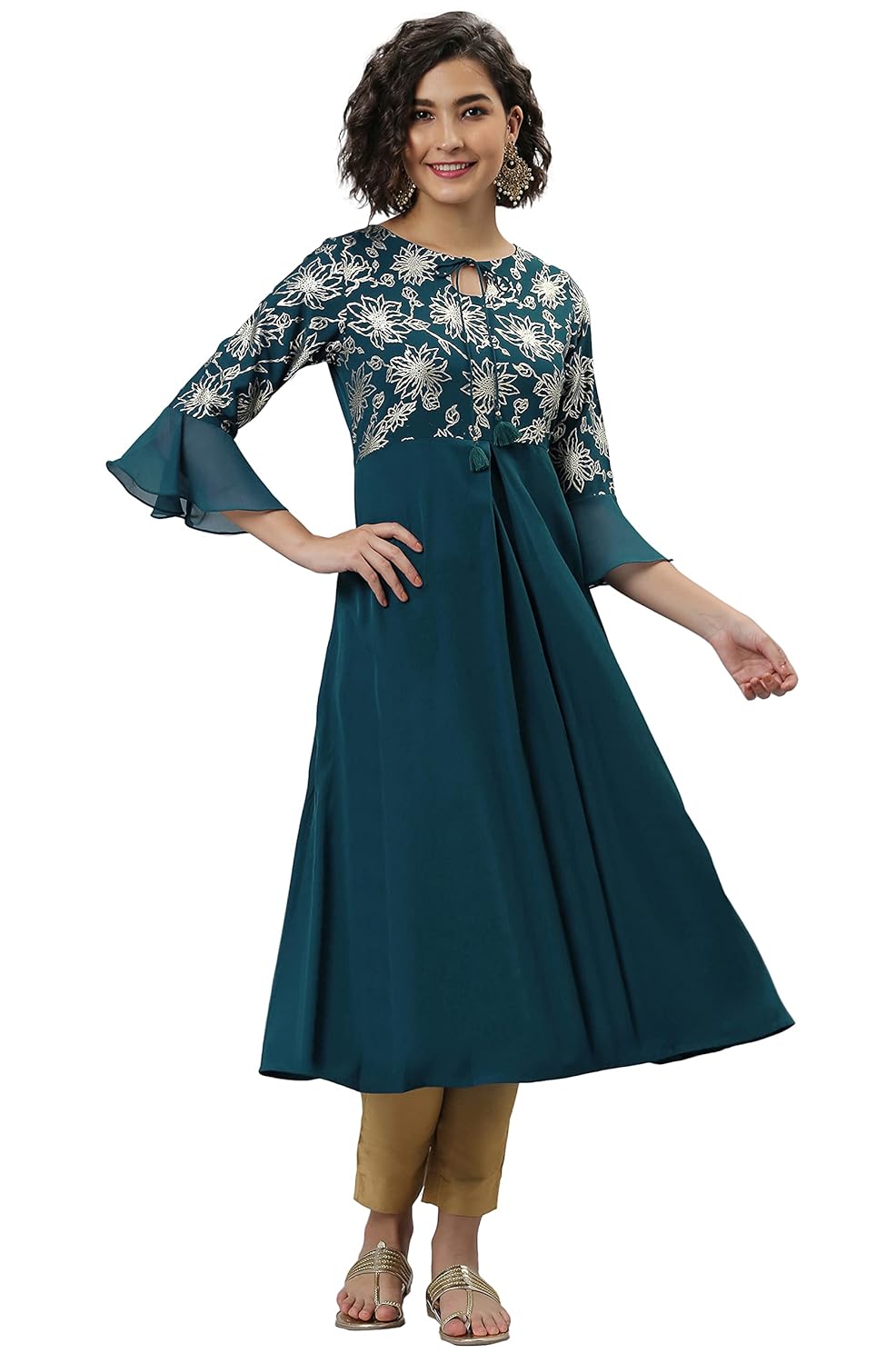 Janasya Women's Teal Ethnic Motifs Crepe Kurta