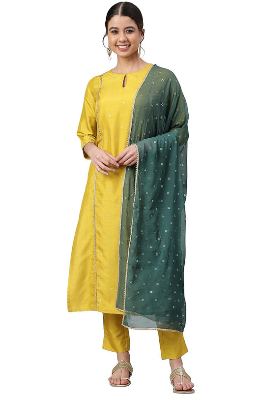 Janasya Women's Mustard Poly Silk Embellished Kurta with Pant and Dupatta
