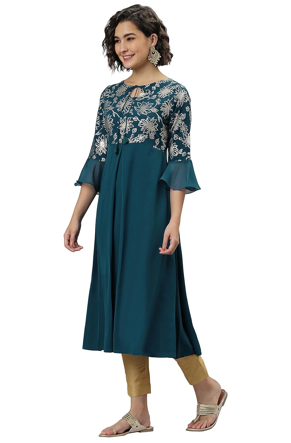 Janasya Women's Teal Ethnic Motifs Crepe Kurta