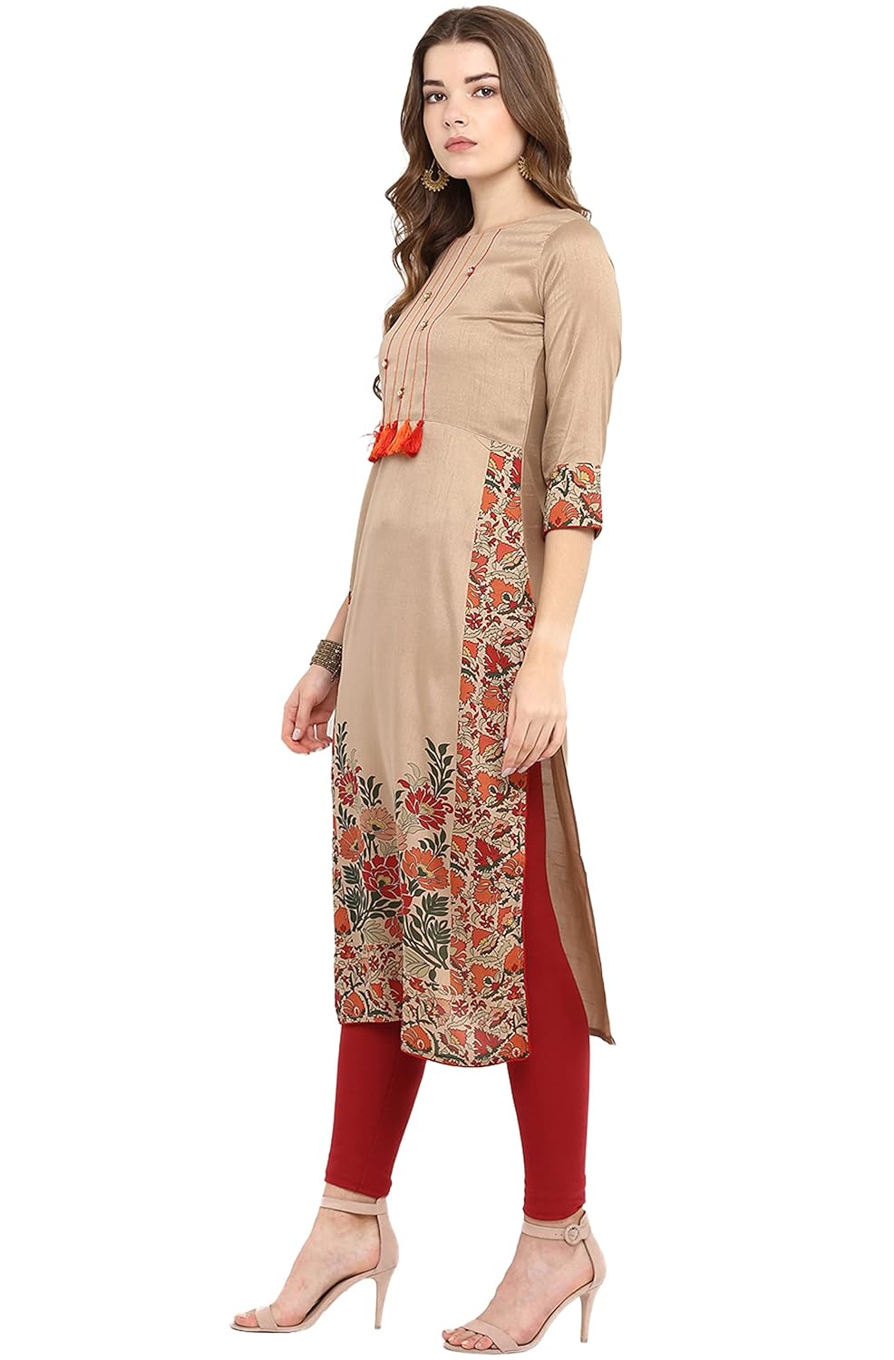 Janasya Women's Beige Poly Silk Floral Print Straight Kurta