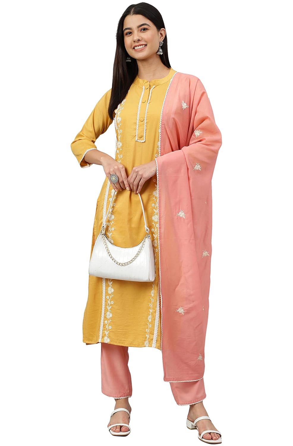Janasya Women's Mustard Poly Silk Floral Embroidery Kurta with Pant and Dupatta