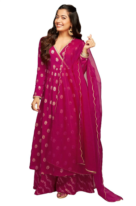 Janasya Women's Pink Brocade Woven Design Kurta with Palazzo and Dupatta