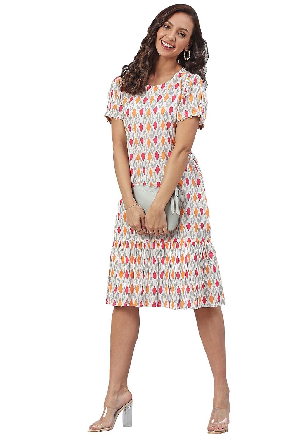 Janasya Women's Off White Cotton Printed Knee Length Dress