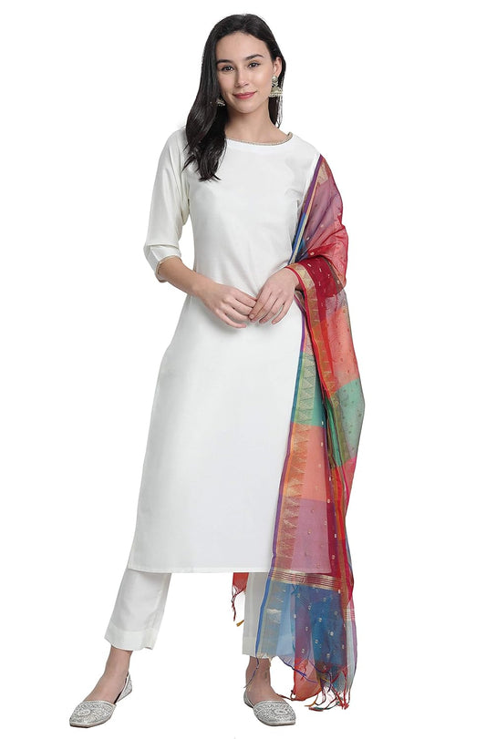 Janasya Women's Off-White Poly Silk Solid Kurta with Pant and Dupatta