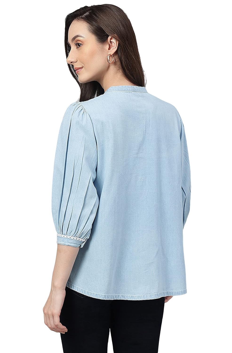 Janasya Women's Light Blue Denim Embroidered Flared Top