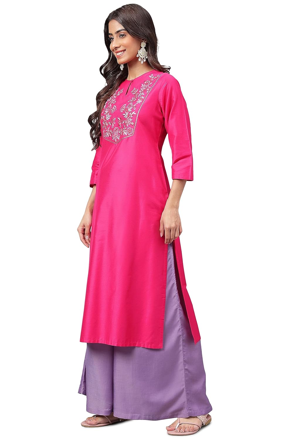 Janasya Women's Pink Poly Silk Yoke Embroidered Straight Kurta