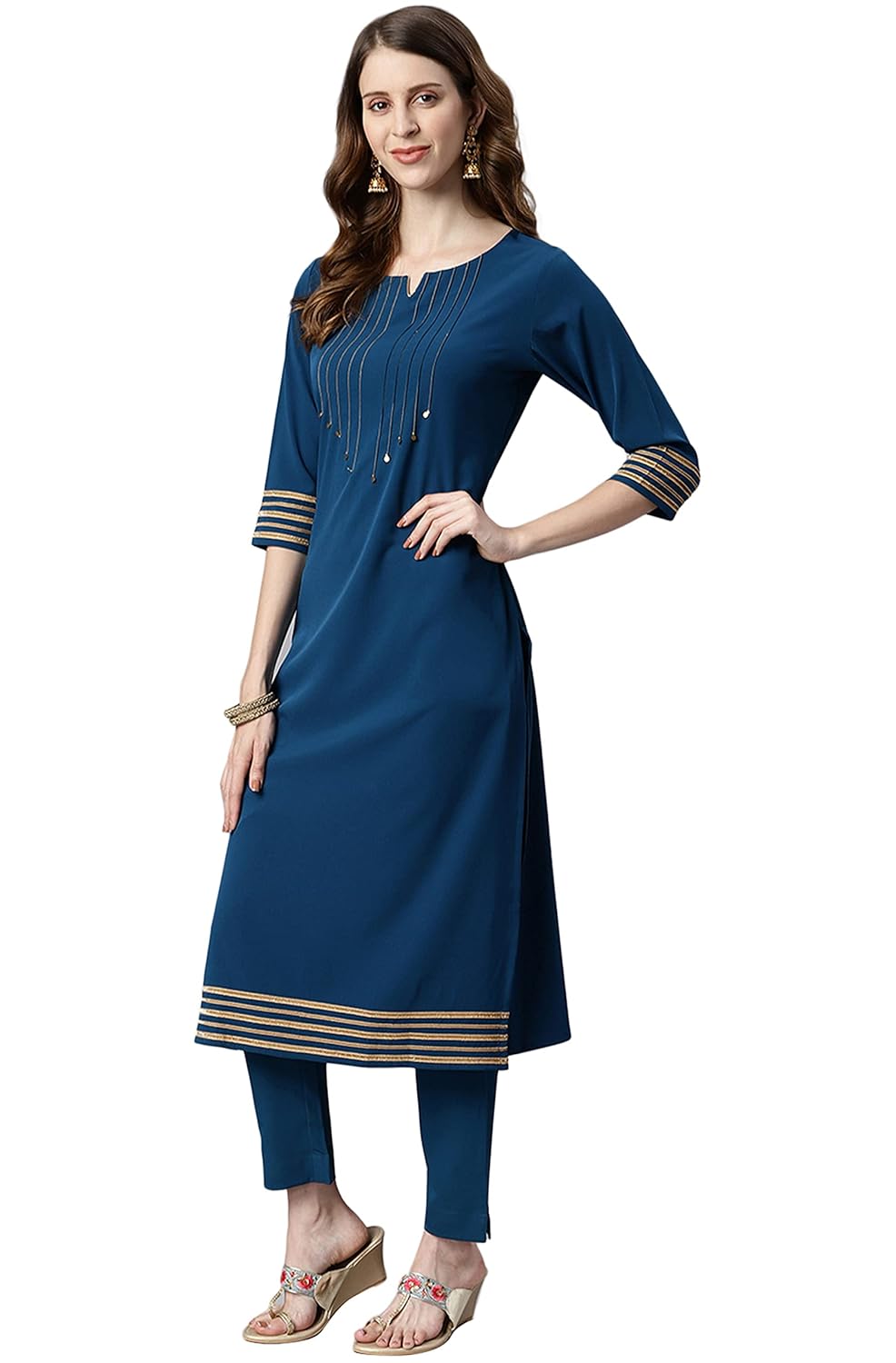 Janasya Women's Teal Poly Crepe Kurta with Pant