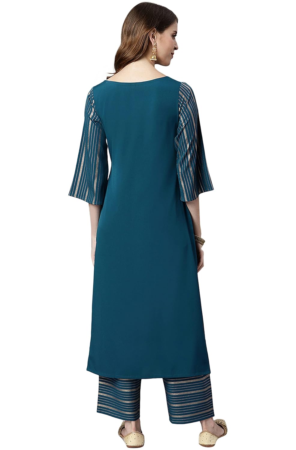 Janasya Women's Teal Poly Crepe Striped Kurta with Palazzo