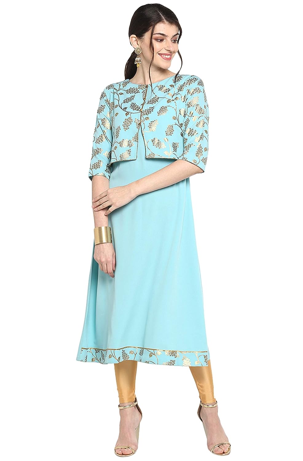 Janasya Women's Turquoise Blue Poly Crepe Gold Print A-Line with Attached Jacket Kurta