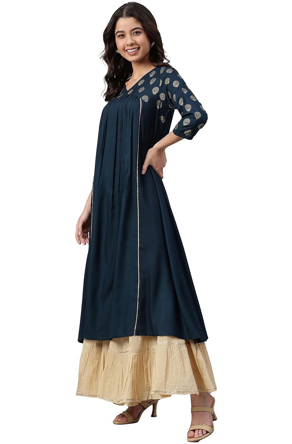 Janasya Women's Teal Rayon Solid A-line Kurta