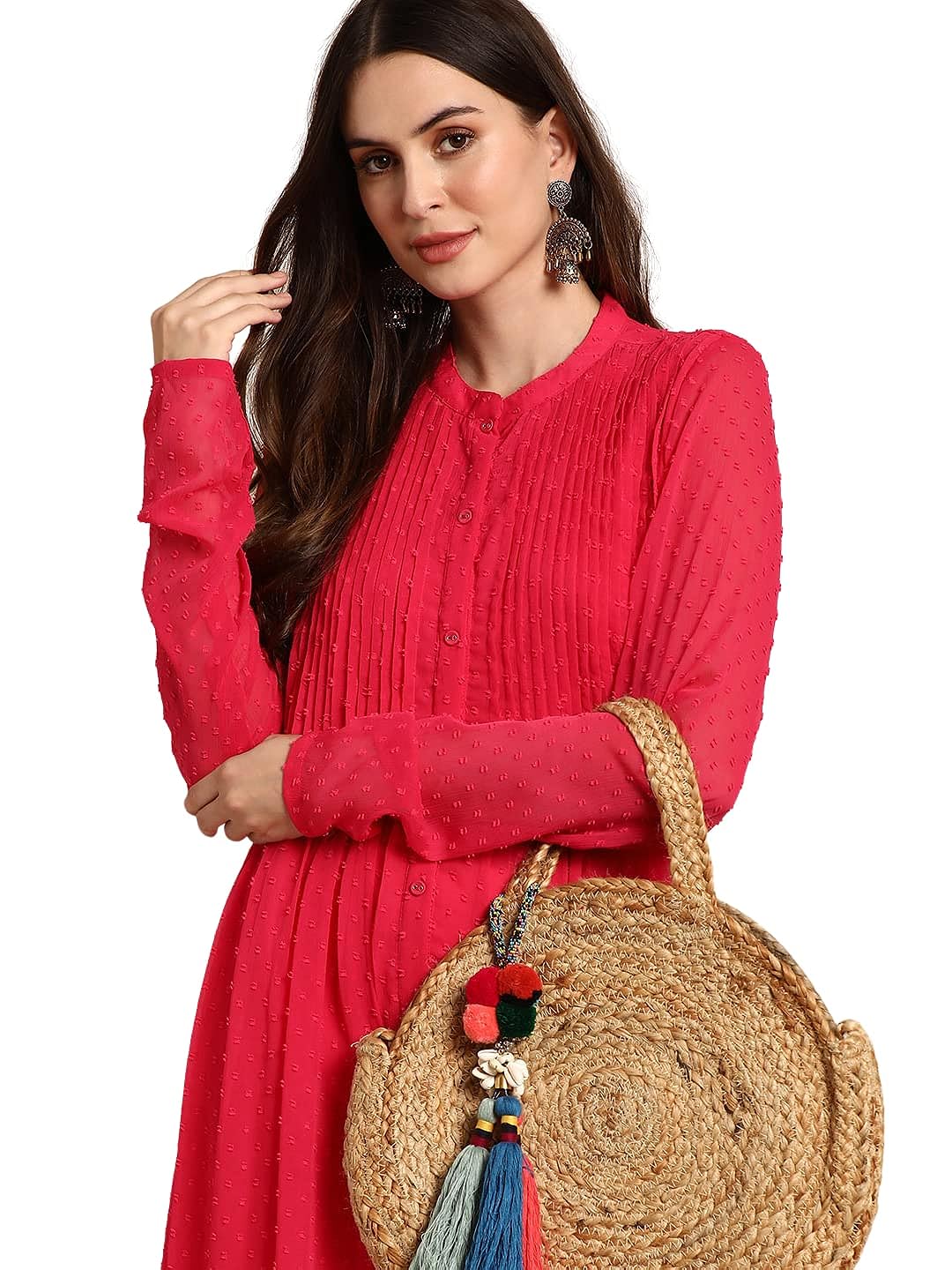 Janasya Women's Pink Poly Chiffon Self Design Frontslit Kurta