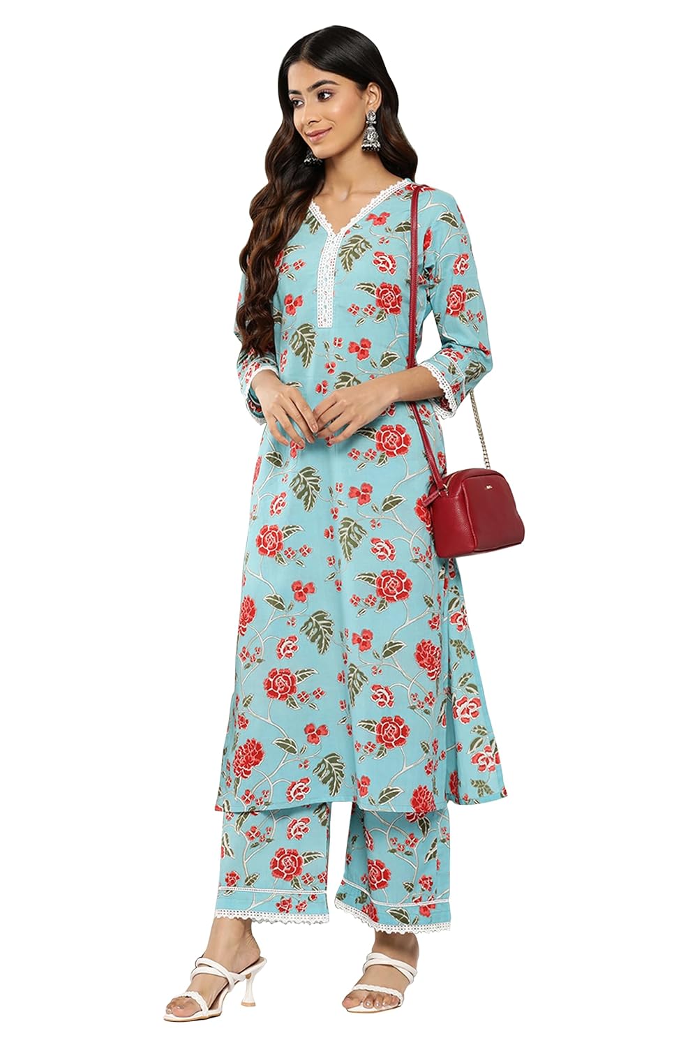 Janasya Women's Sky Blue Cotton Floral Printed Co-ords Set