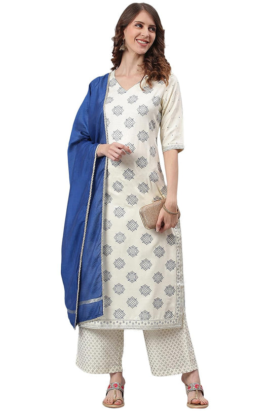 Janasya Women's Off- White and Silver Poly Silk Kurta With Palazzo and Dupatta