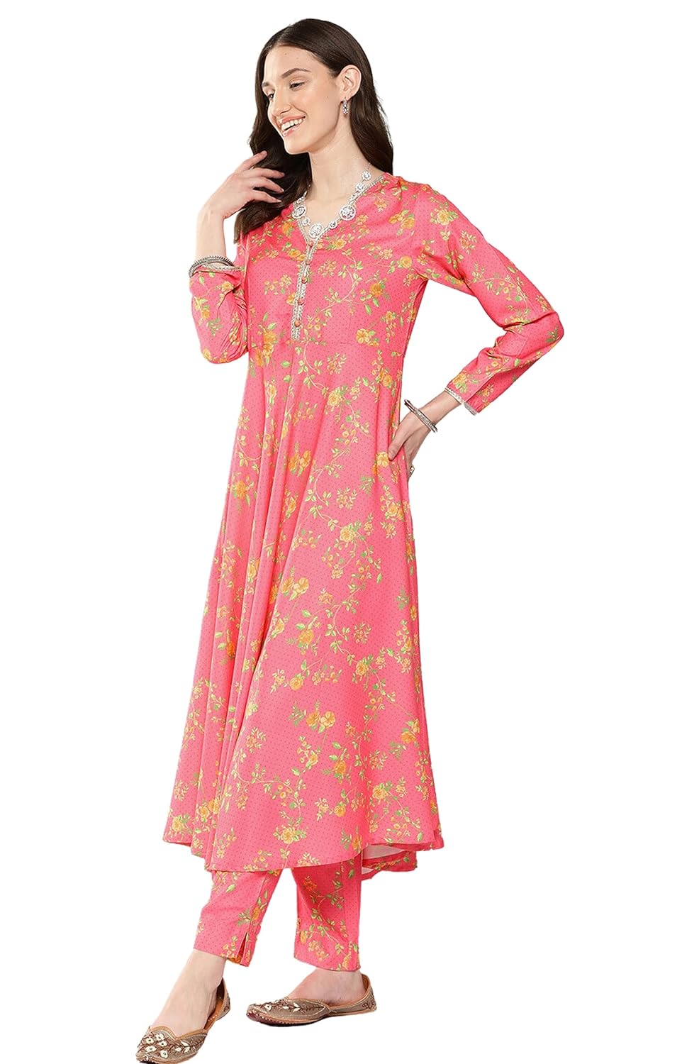 Janasya Women's Pink Moss Digital Floral Printed Kurta with Pant and Dupatta