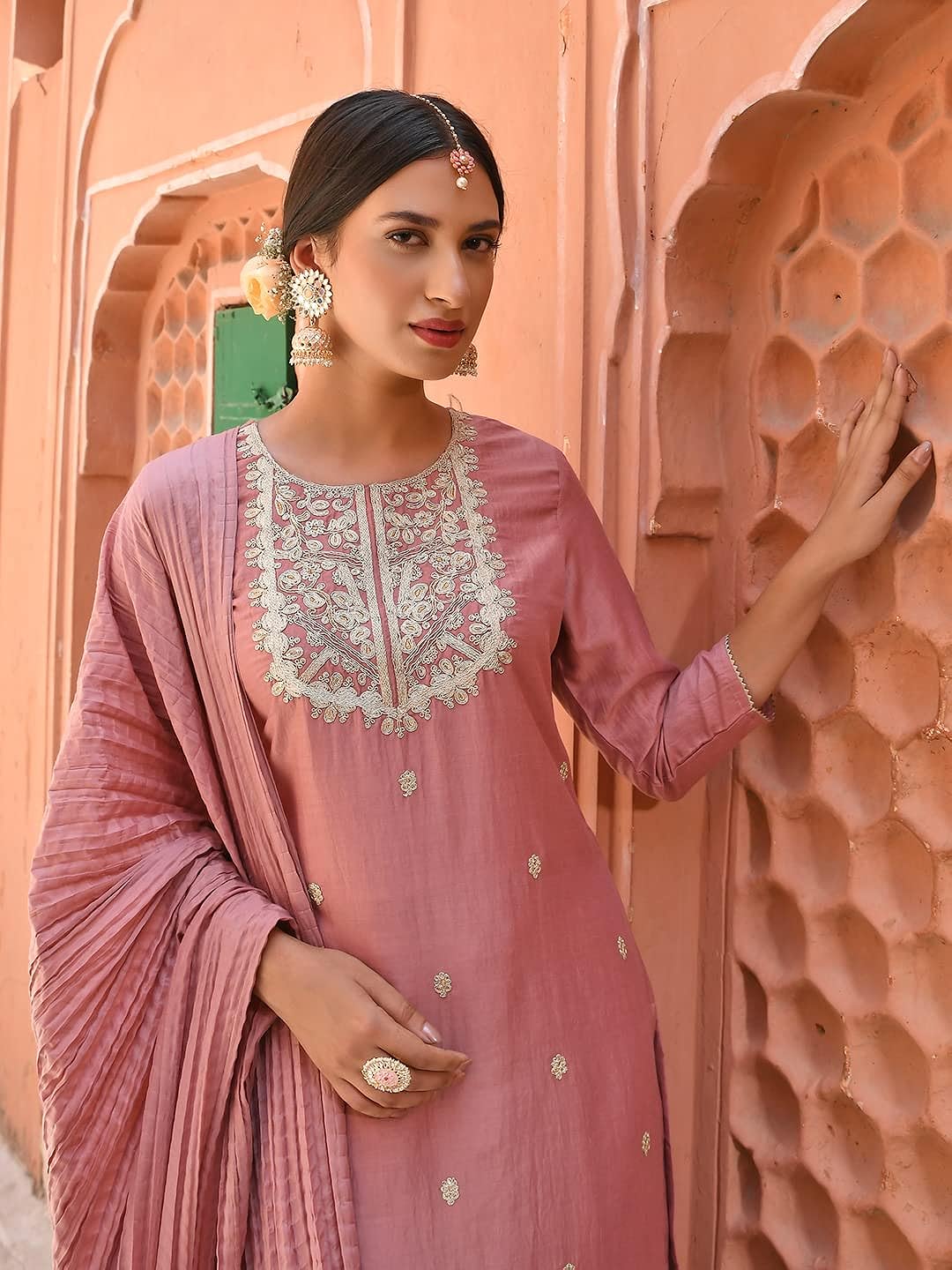 Janasya Women's Old Rose Chinon Embroidered Kurta with Skirt and Dupatta