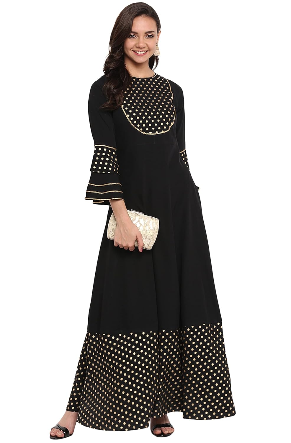 Janasya Women's Black Poly Crepe Anarkali Kurta