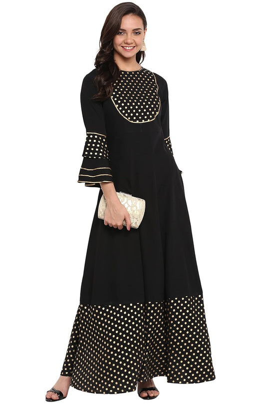 Janasya Women's Black Poly Crepe Anarkali Kurta