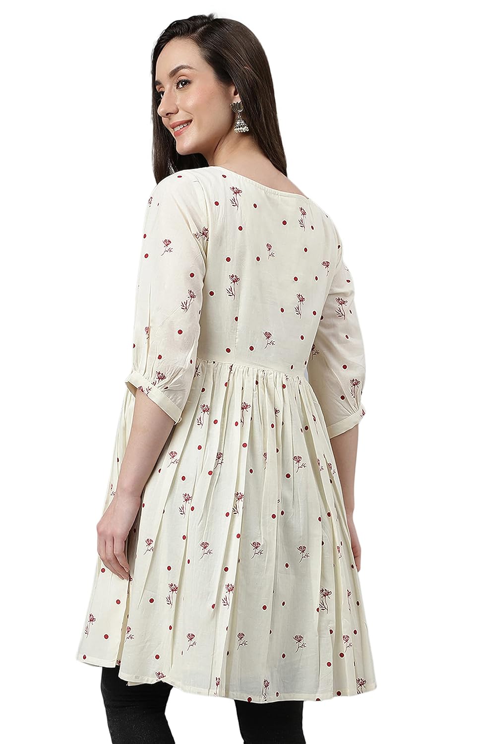 Janasya Women's Off White Cambric Cotton Botanical Print Flared Tunic